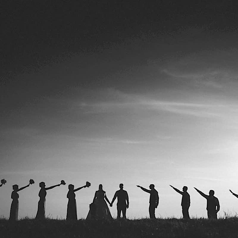 Brides maids and groomsmen at Dodford manor posing for a group photo in the sheep field
