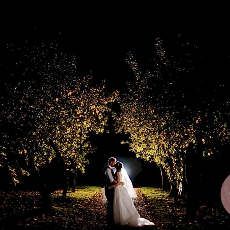 Beautiful image of the couple standing under the trees at Dodmoor house a signature wedding shot